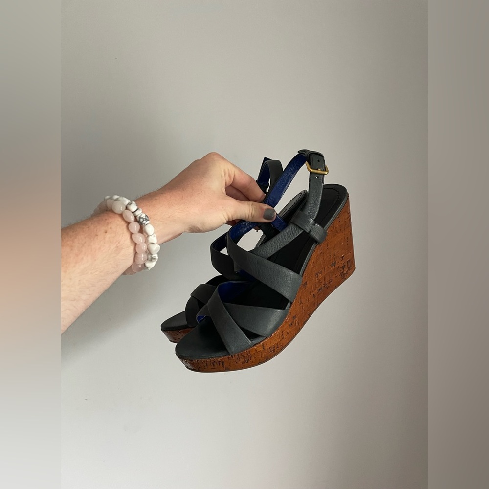 Miu Miu Navy Leather Cork Wedges Womens Size EU 39.5 - Picture 1 of 6